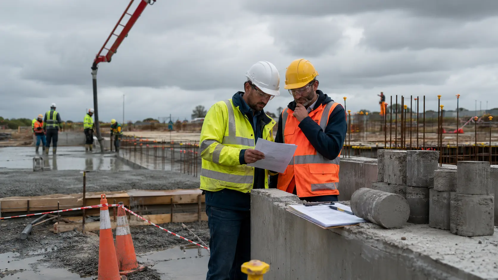Engenheiros analisando resultados de concreto em obra com concretagem ao fundo